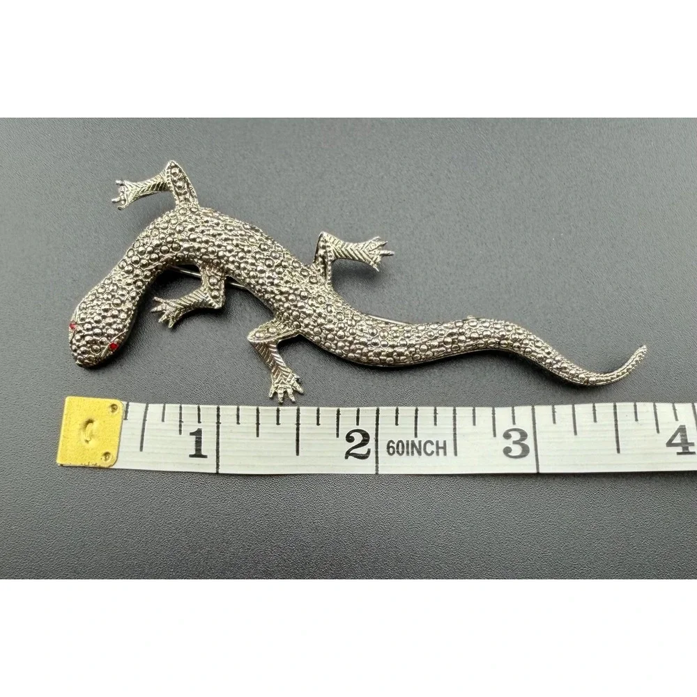 Lizard Gecko Brooch Silver‎ Tone Marcasite Style Red Eyes Reptile Vintage READ